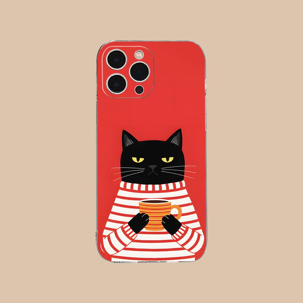 Cute Coffee Cat Clear TPU Mobile Case for iPhone 17 16 15 14 13 12 11 X XR XS Air Pro Max Plus Mini Colorful Cover