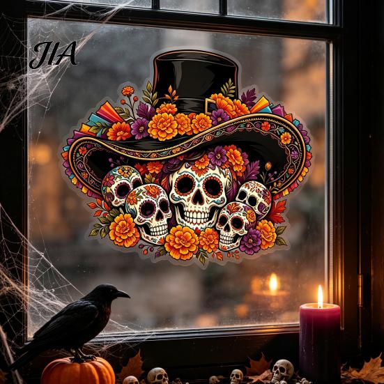 Traditional Mexican Theme Decor Day of The Dead Window Clings, Halloween Top Hat Skull Static Sticker, Waterproof PVC Film Colorful Flower Pattern