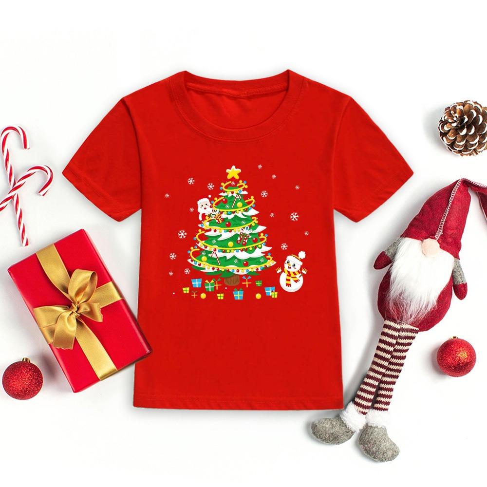 Christmas Tree and Santa Claus Printed Kids T-shirt Christmas Toddler Round Neck Tops Xmas Holiday Short Sleeve Tee Outfits