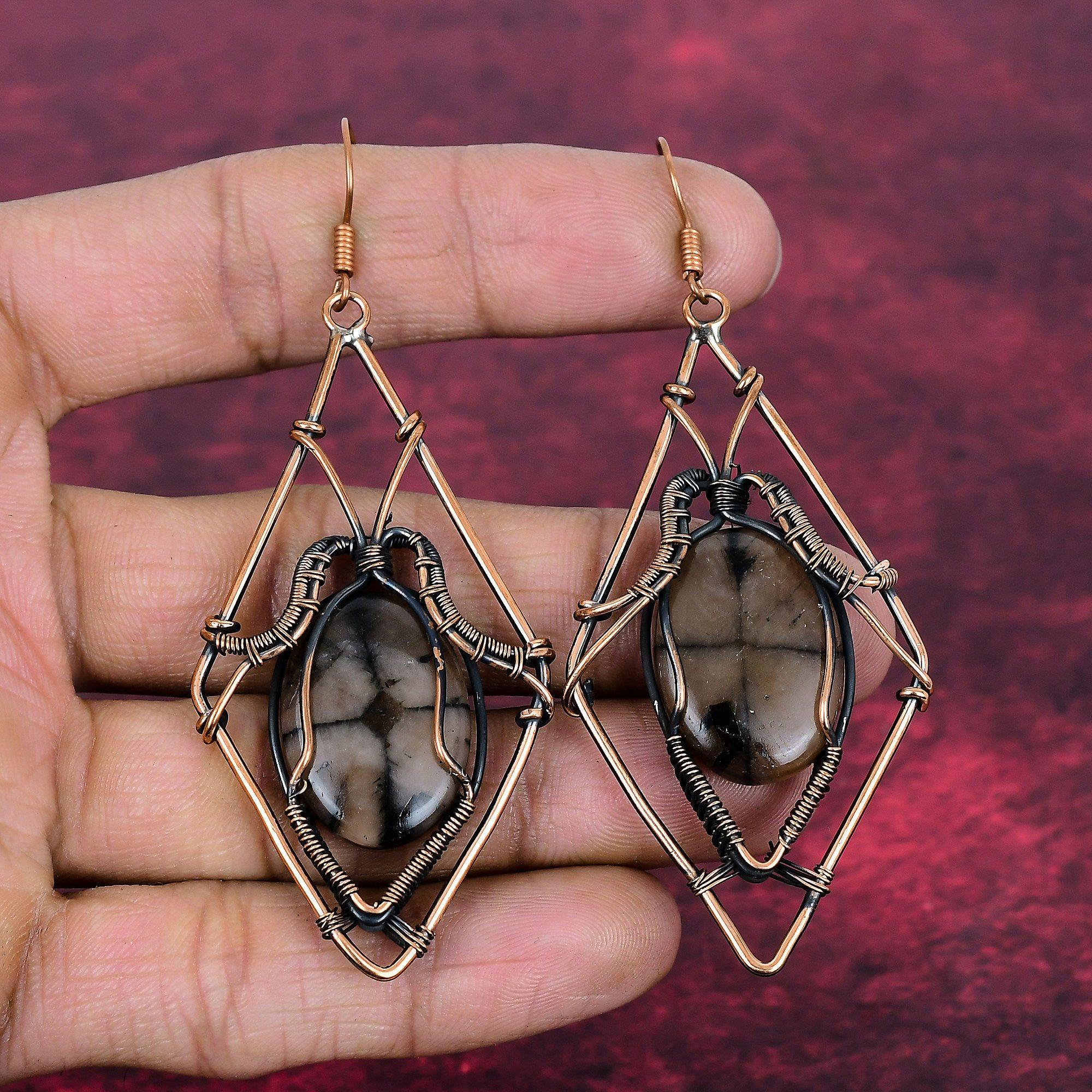 Chiastolite Earring Copper Wire Wrapped Gemstone Earrings Handmade Unique Jewelry