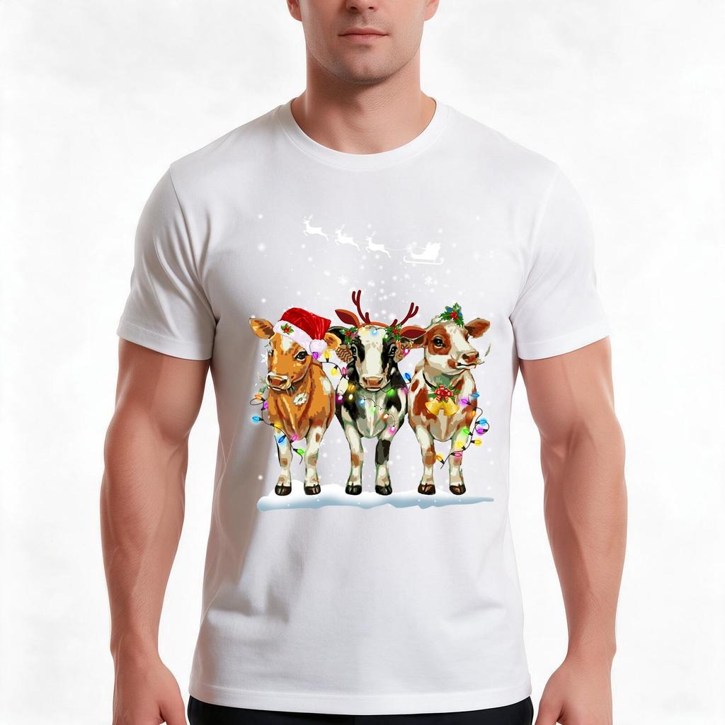 Cow Reindeer Hat Santa Christmas Light Funny Cow Christmas Tshirt Summer Casual Cotton Tee Oversized Streetwear Tops