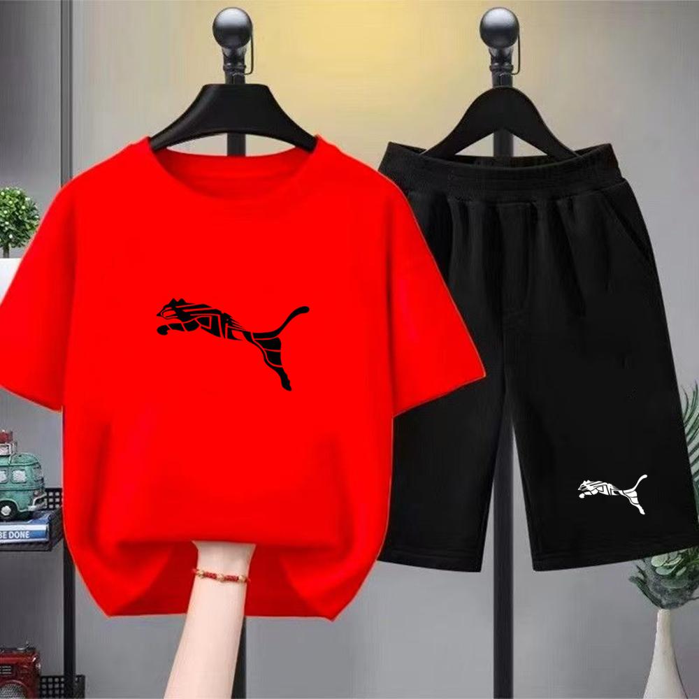 Set Due Pezzi T-shirt Bianca+Pantaloncini per Bambini Stampa Ragazzi Ragazze Toddler 3-12 Anni Sportivo Casual Abbigliamento Marca