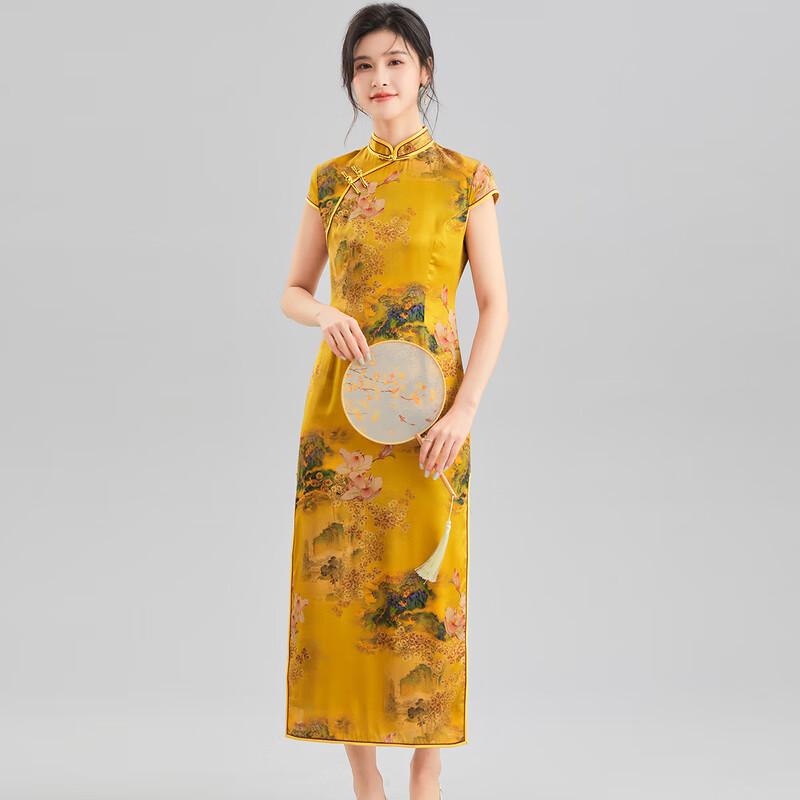 Golden Chrysanthemum New Chinese Style Mulberry Silk Qipao Dress