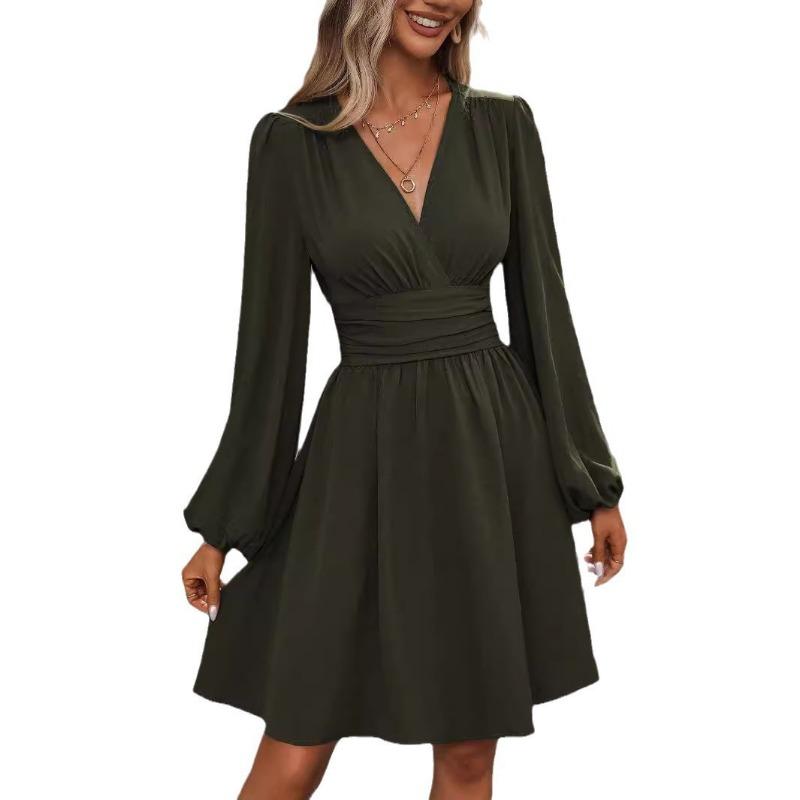 Autumn Winter V Neck Lantern Sleeve Pleated Waist Dress