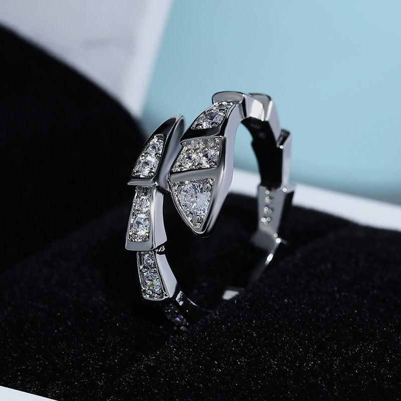 Korean Version Snake Bone Ring Half Circle with Diamond Opening Spring Full Diamond Snake Head Ring Jewelry