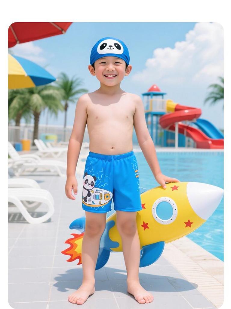Cartoon Panda Boys' Two-Piece Swimsuit & Cap Set - Beach & Hot Spring Wear