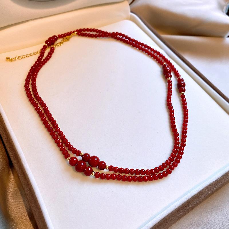Анкара красные стеклянные бусины бусины шея ожерелье темперамент длинная сложенная цепочка для свитера ретро ожерелье женщины