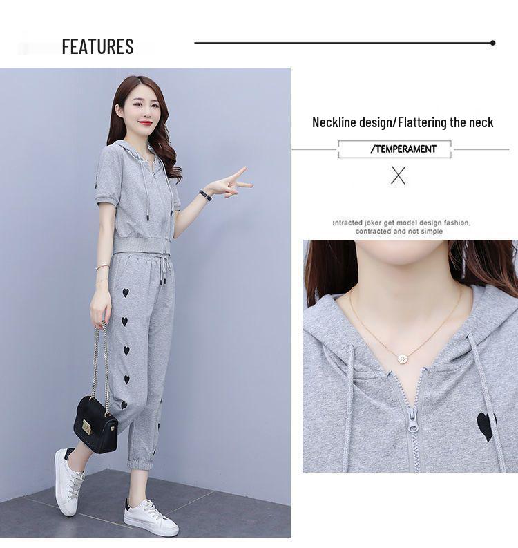 Trendiges kurzes sportlich-lässiges Sommer-Set mit Kapuze, schlankmachendes zweiteiliges Übergrößen-Set, altersreduzierende Kollektion 2025