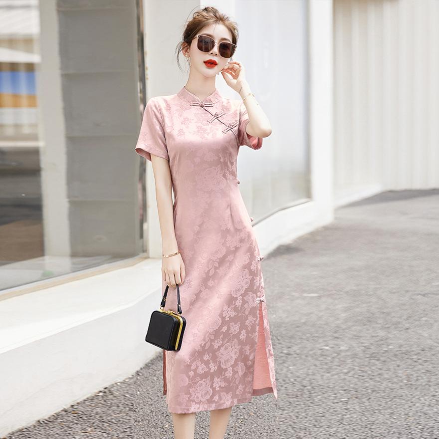 

Exquisite French dress women s summer new temperament thin improved cheongsam skirt tide 2XL рожевий