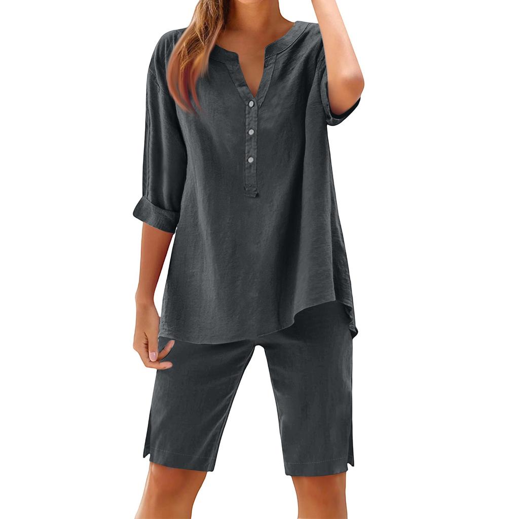Dámský volný módní jednobarevný bavlněno-lněný top s dlouhým rukávem na knoflíky a šortky