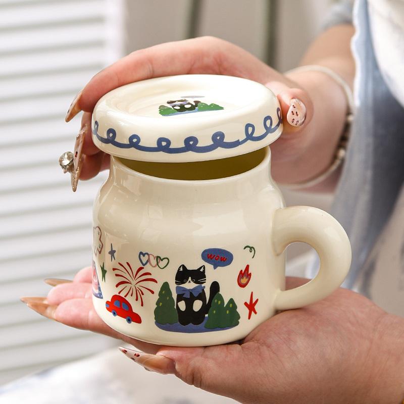 Cat Ceramic Cup with Lid Mug Girl Cute Literary Milk White Small Drinking Water Cup Office Worker Coffee Cup
