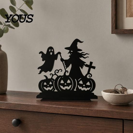 Black Matte Halloween Decoration Witch Wooden Table Centerpiece, Spooky Castle Cat Standing Durable Silhouette Tabletop Ornament for
