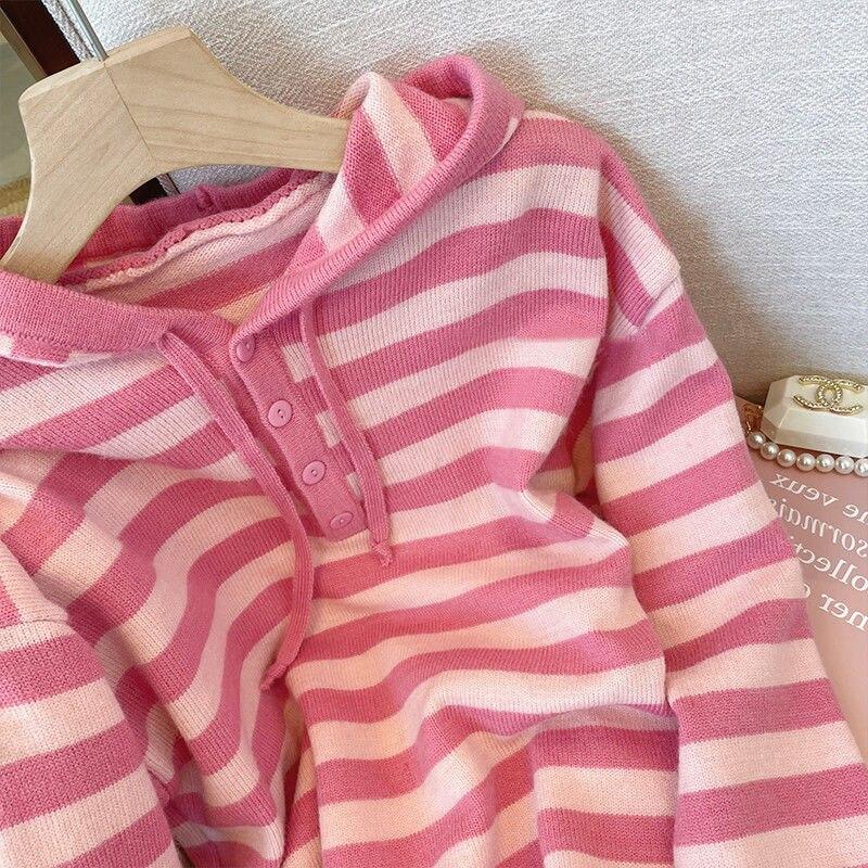 Striped Hooded Pullover Sweater Female 2022 Autumn and Winter Knit Sweater Casual Long Sleeve Pullover Sweater Female Tops