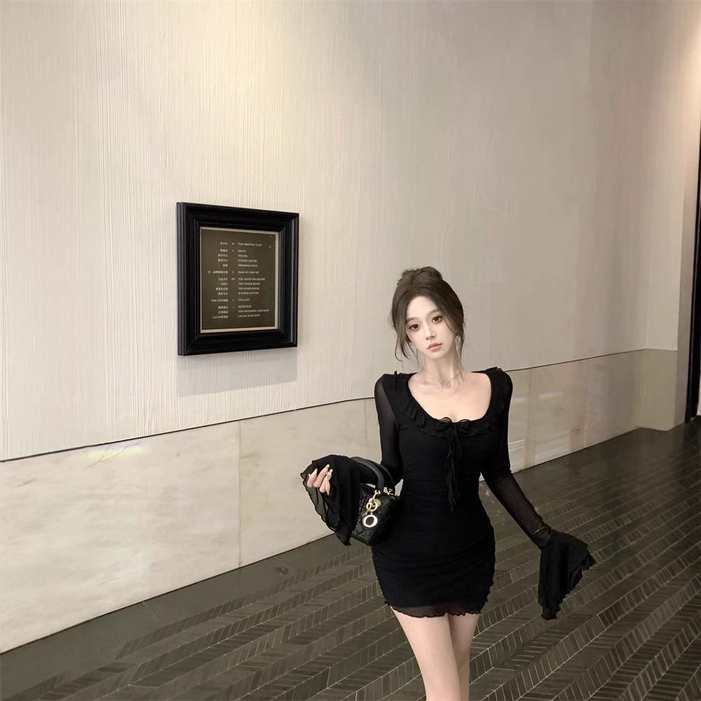 

2025 French Retro Slimming Bodycon Dress S чёрный