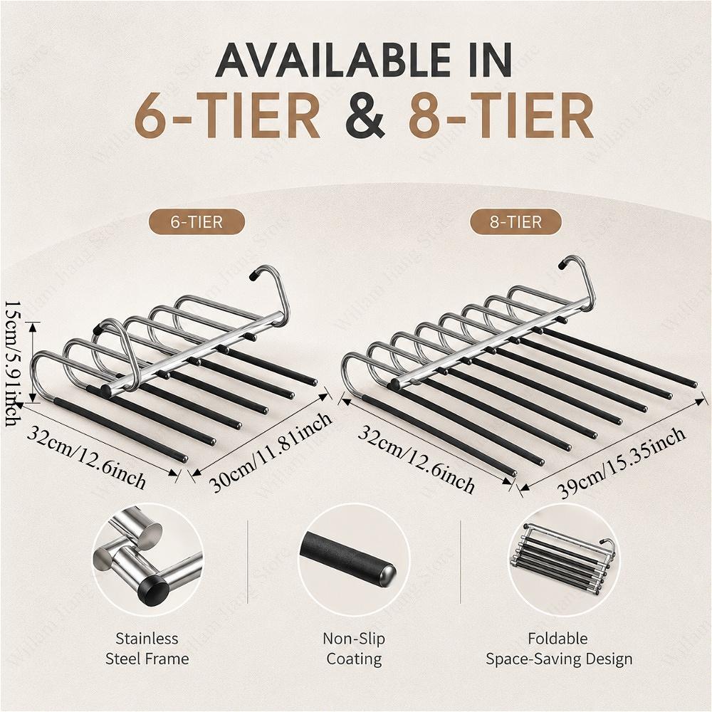 Stainless Steel Multi Tier Trouser Hanger Space Saving Closet Storage Rack 6 or 8 Layers Organize Jeans Casual Trousers Neatly