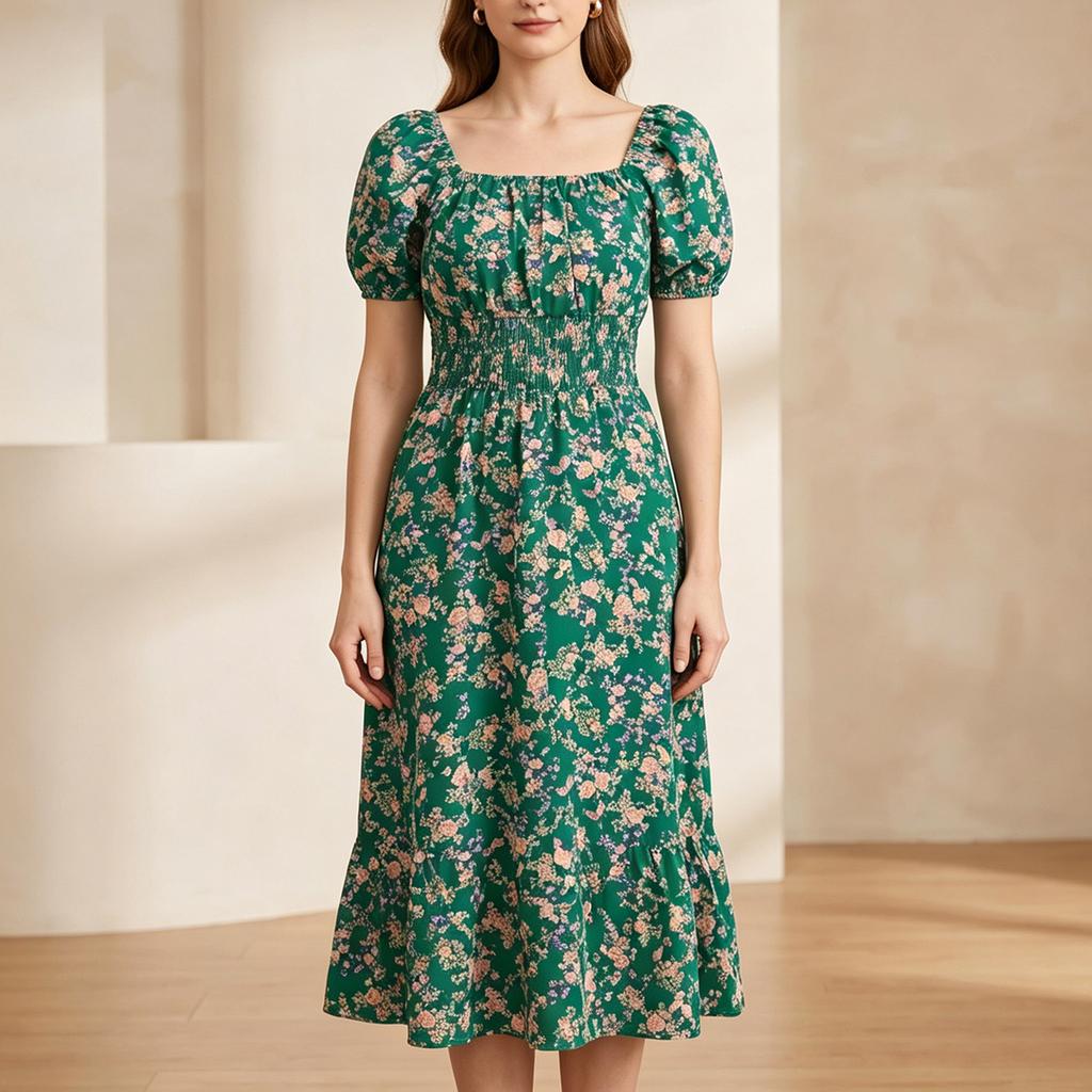 Women Square Neck Floral Print Short Sleeve Midi Dress with Ruffle Hem and Elastic Waist Casual Loose Fit Style