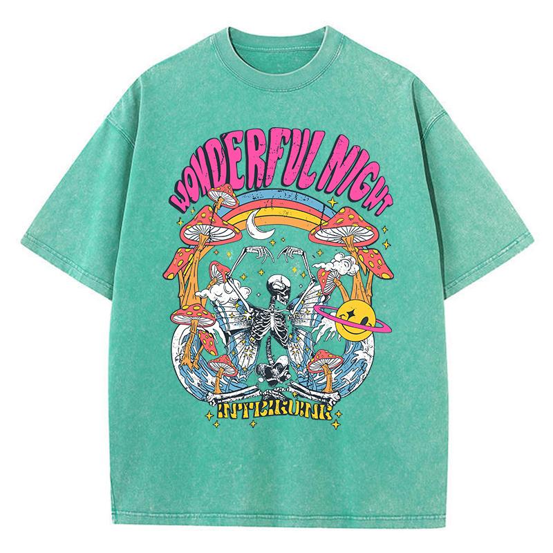 Wonderful Night Skeleton Butterfly Wave Print Womens T-Shirts Fashion Oversized Tops Street Comfortable Clothing Loose Wash Tee