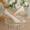 Women's Crystal Square Buckle High Heels Pumps 2024 Elegant Silk Thin Heeled Wedding Shoes Woman Slip On Pointed Toe Dress Shoes