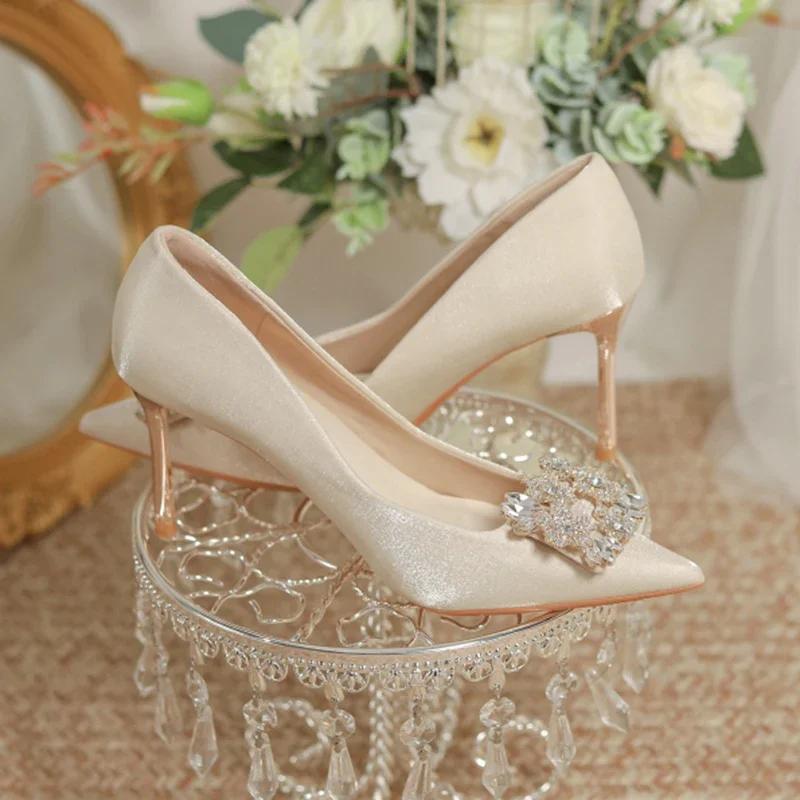 Women's Crystal Square Buckle High Heels Pumps 2024 Elegant Silk Thin Heeled Wedding Shoes Woman Slip On Pointed Toe Dress Shoes