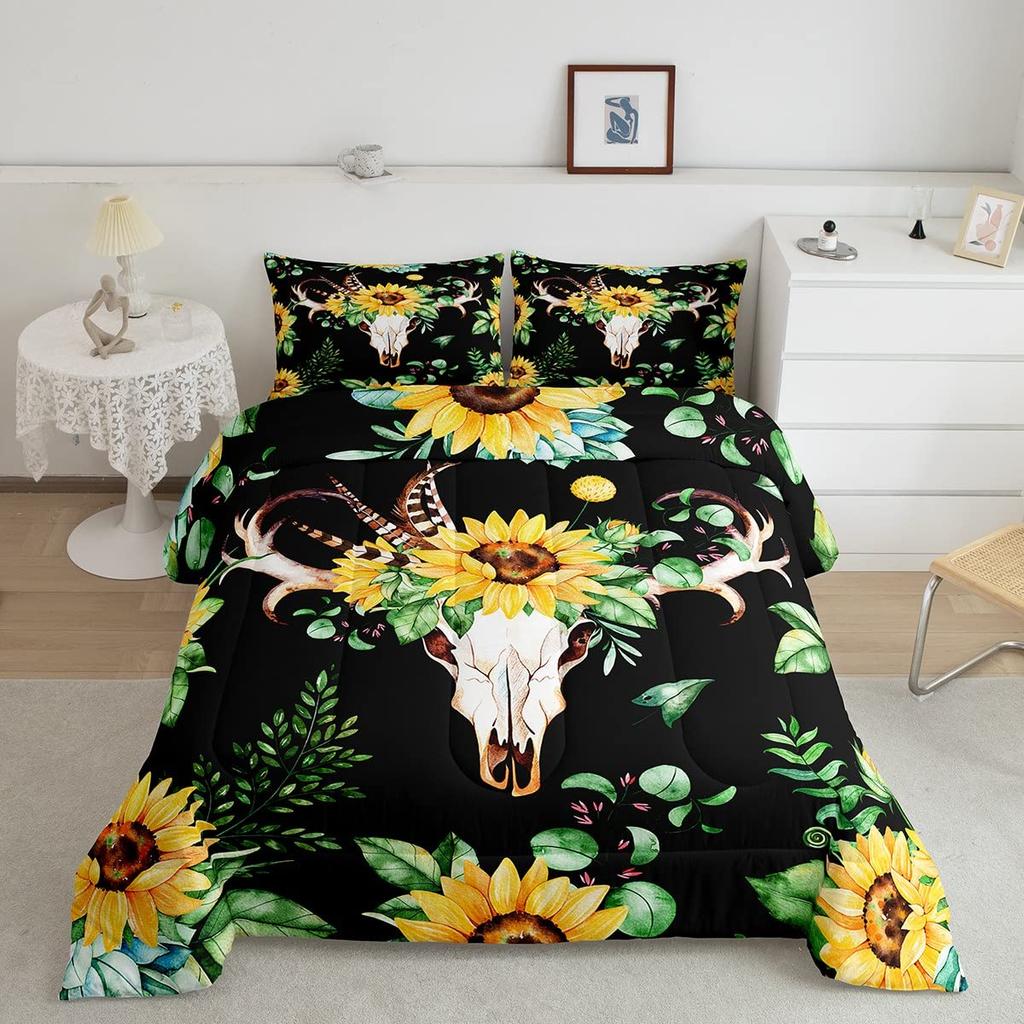 Bull Skull Bedding Set Boho Mandala Duvet Cover for Children Teens Bohemian Feather Print Comforter Cover Animal Skull Pattern