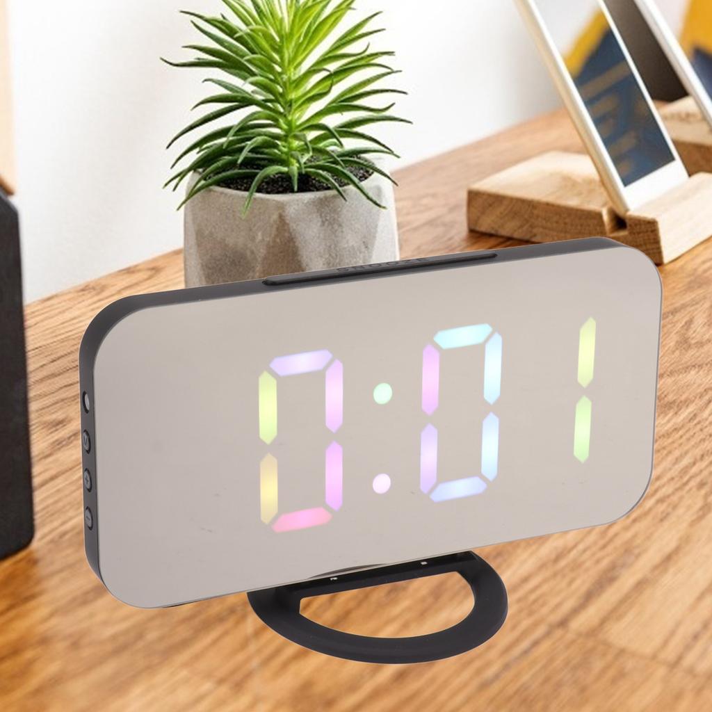 LED Mirror Digital Alarm Clock Large Brightness Colorful RGB Display Beside Digital Clock with Dual USB Ports
