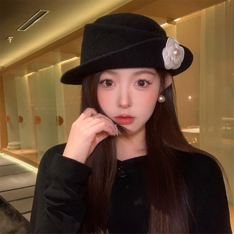 Stylish Fisherman Hat with Camellia Flower Accent Fashion Winter Accessory for Elegant Style Soft Cotton Fabric Hat