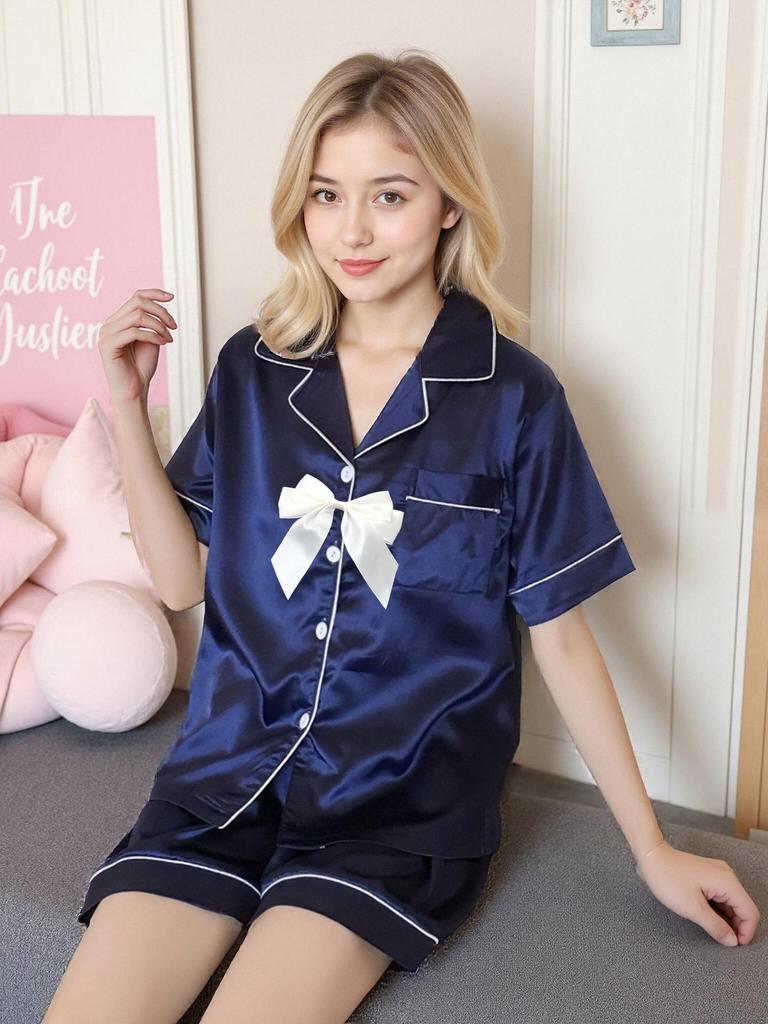 Women's Short Sleeve Faux Silk Ice Silk Pajama Set with Lapel - European Size