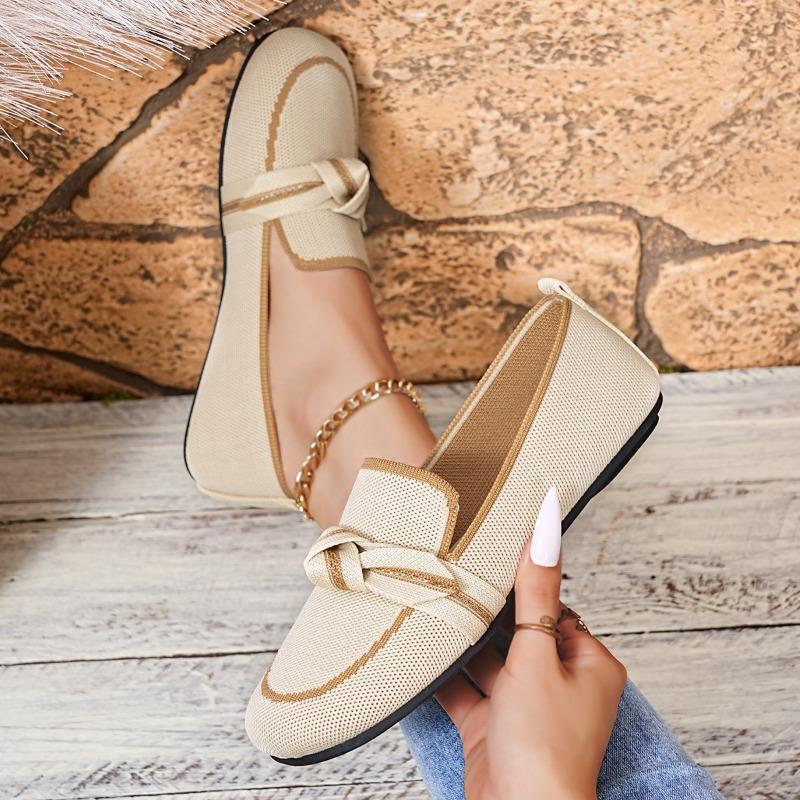 Women's Wide Width Bow Detail Flyknit Flats - Round Toe Slip-On Casual Shoes for Fall, Comfort Breathable Loafers