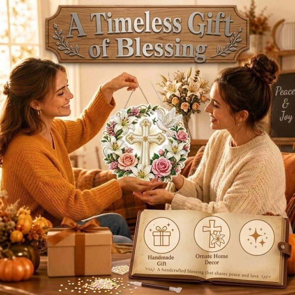 Cross, Flowers, and Peace Dove Diamond Painting Hanging Kit, Religious DIY Diamond Painting Light Catcher with Crystal Pendant