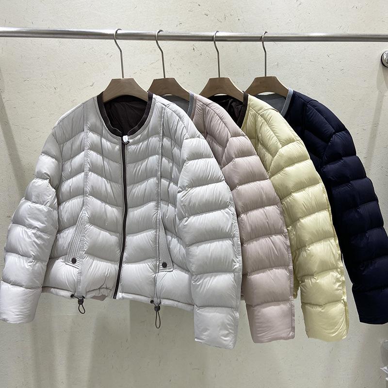 Winter new light puff round neck rib neck down jacket women's short contrasting color loose windproof warm jacket