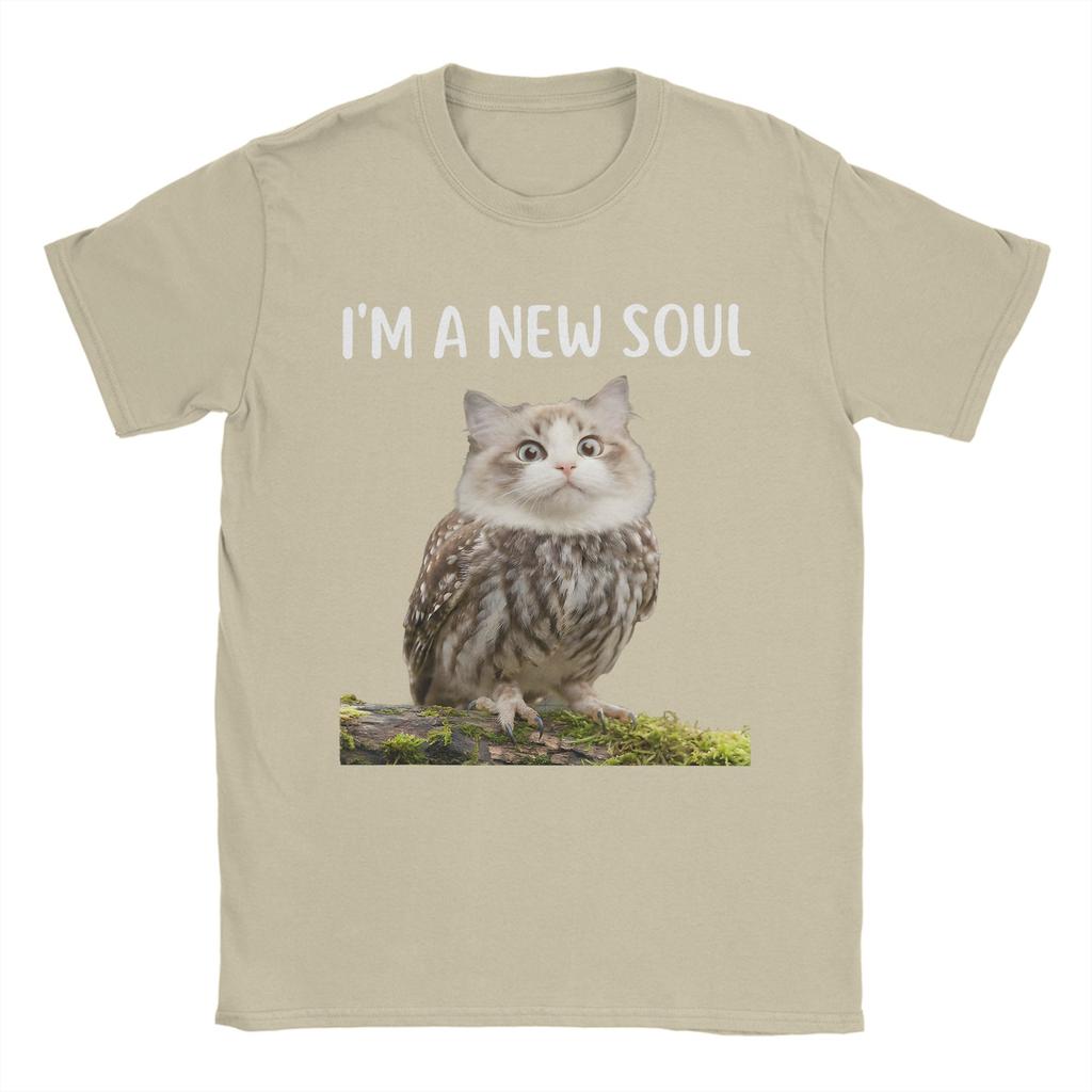 Vintage My Spirit Animal Funny Meowl TShirt for Men 100 Cotton T Shirts Cursed Cat Owl Brainrot Meme Short Sleeve Tees Clothes