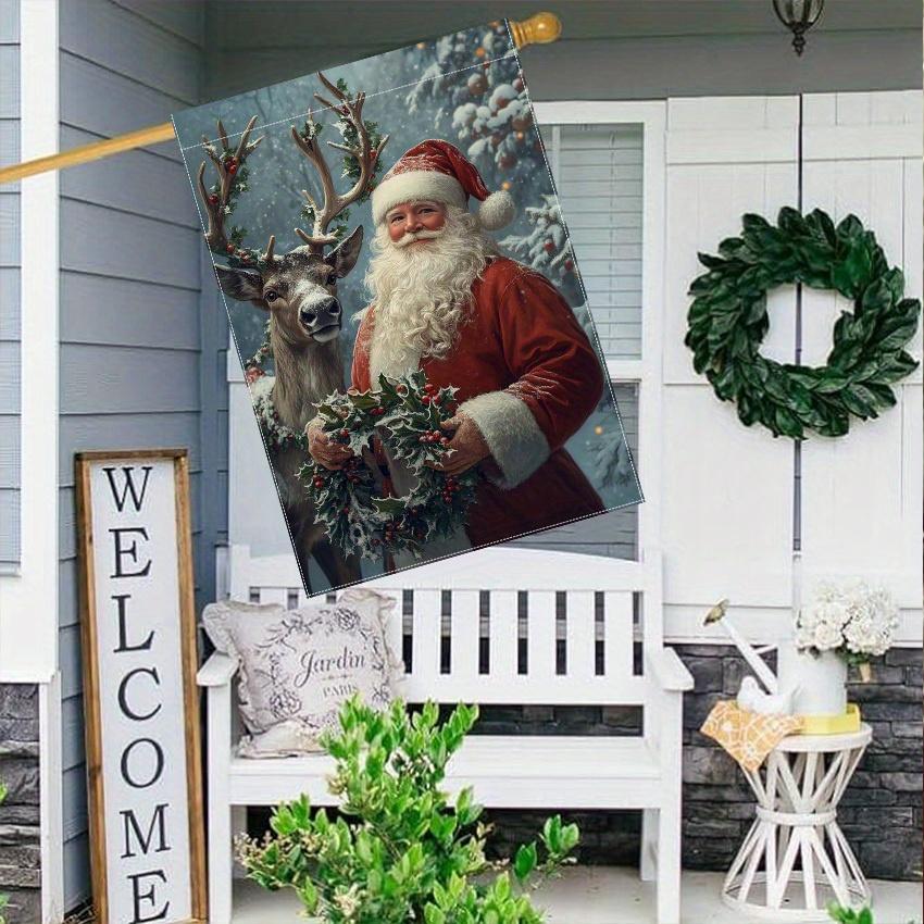 1pc, Christmas Wreath Santa Claus and Reindeerdouble-sided Garden Flag Yard Decoration, Outdoor Decoration, Lawn Decoration, Flag Only