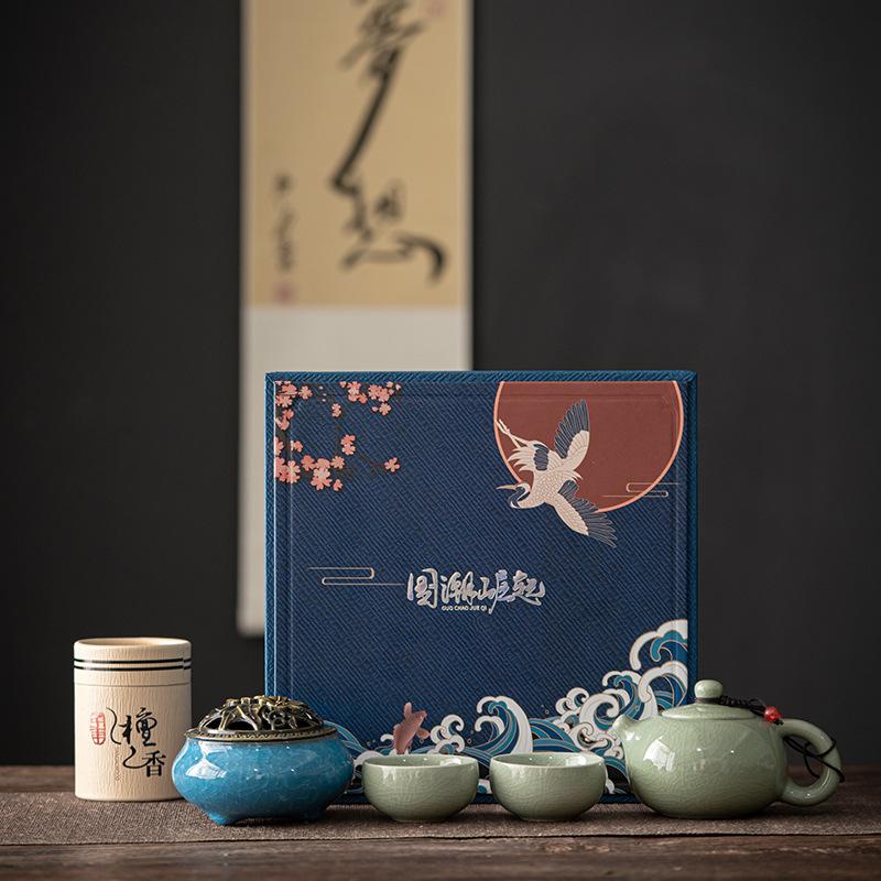 New Chinese Style Guochao Ge Kiln Ceramic Kung Fu Tea Set Set Mid-Autumn Festival Gift Can Be Made Into a Gift Box Guochao Gift Box