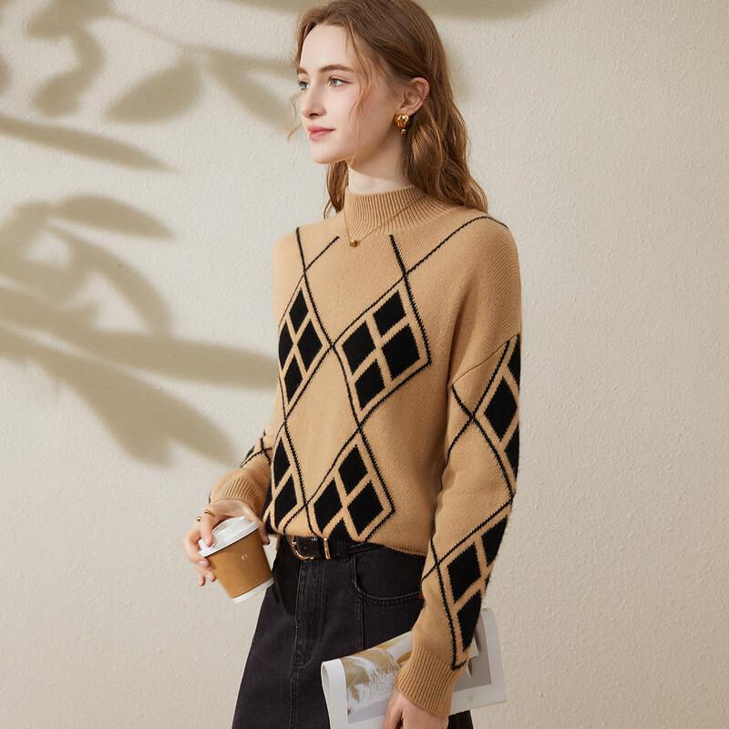 TUHUANG Women's Pure Wool Color-Block Half-High Neck Knit Sweater