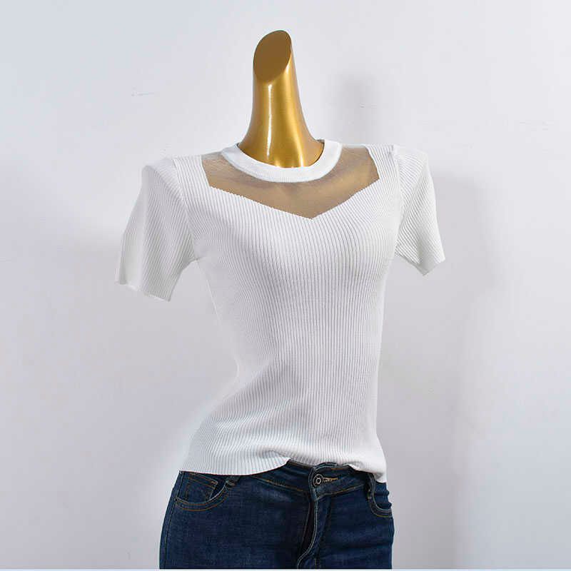 Ice Silk Knitting Lace Woven Stretch Comfortable Round Neck Short Sleeve Easiest for Match Short Sleeve Summer Women's Clothing Silm