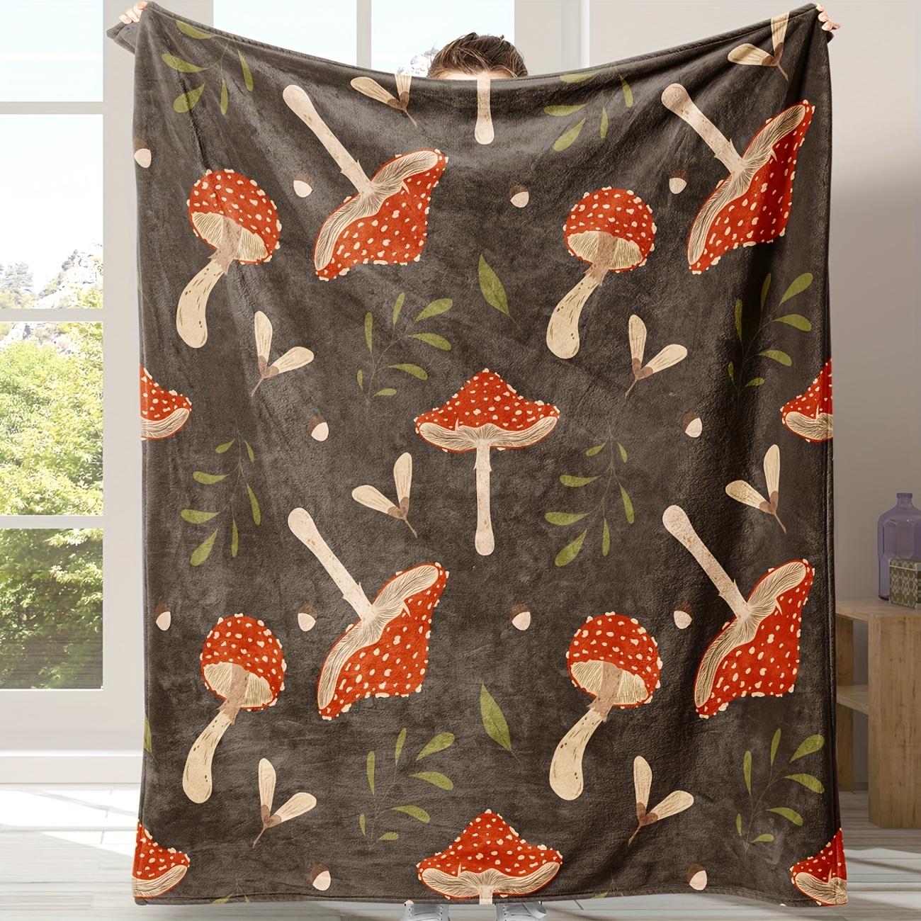 

Flannel Mushroom Design Blanket with Red Spotted Mushrooms and Green Leaf Details for Warm Home Decor & Relaxing Living Comfort 30x40in
