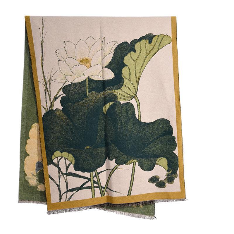 Women's Luxurious Lotus Print Imitation Cashmere Shawl - Warm Autumn/Winter Fashion