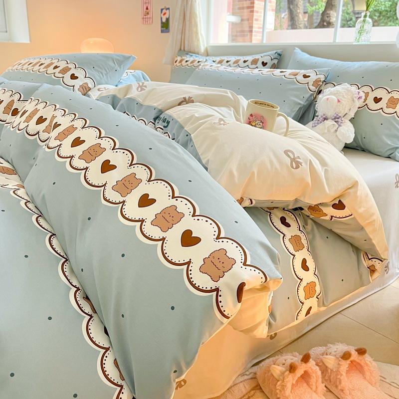 Set din patru piese prințesă drăguț din bumbac, husă de pilota din bumbac pur, husă de pilota de lenjerie de pat, set din trei piese pentru dormitor