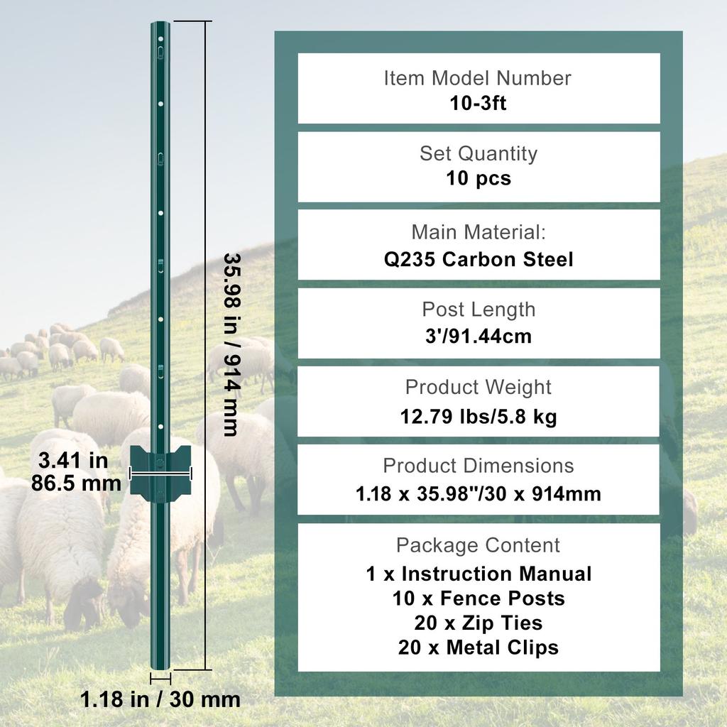 VEVOR 3 Feet Fence Post, 10 Pack U-Channel Heavy Duty Metal Fence Posts, Sturdy Steel Fence Stakes for Garden Yard, Lawn