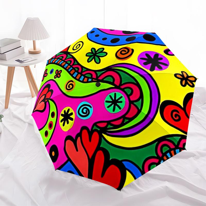 1pc Colorful Abstract Pattern Automatic Folding Umbrella - 8-Rib Iron Frame, Windproof, Portable Sunshade with Plastic Handle for Travel & O