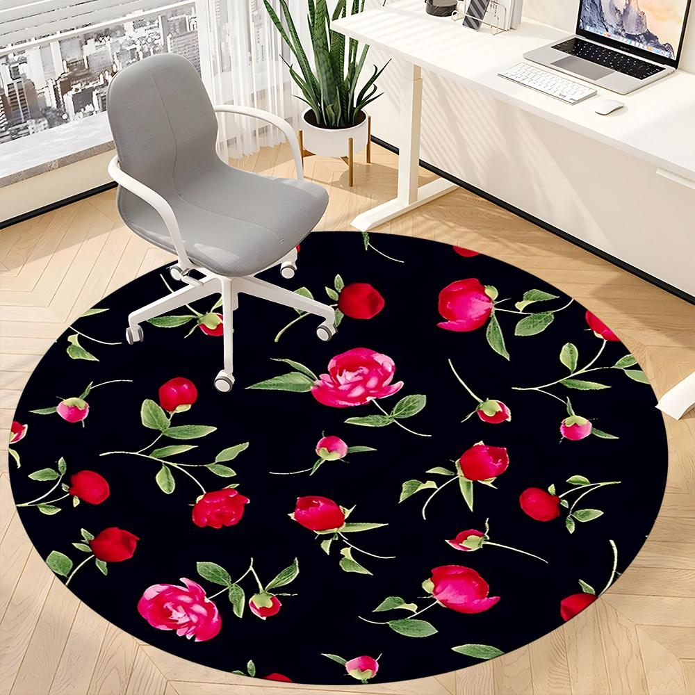 1 Stück Rote Rose Muster Stuhlteppich für Büro, Runder Polyester Teppich, Innen Dekoration für Büro, Pflegeleichtes Gewebe, Waschbarer Rutschfester Bereichsteppich