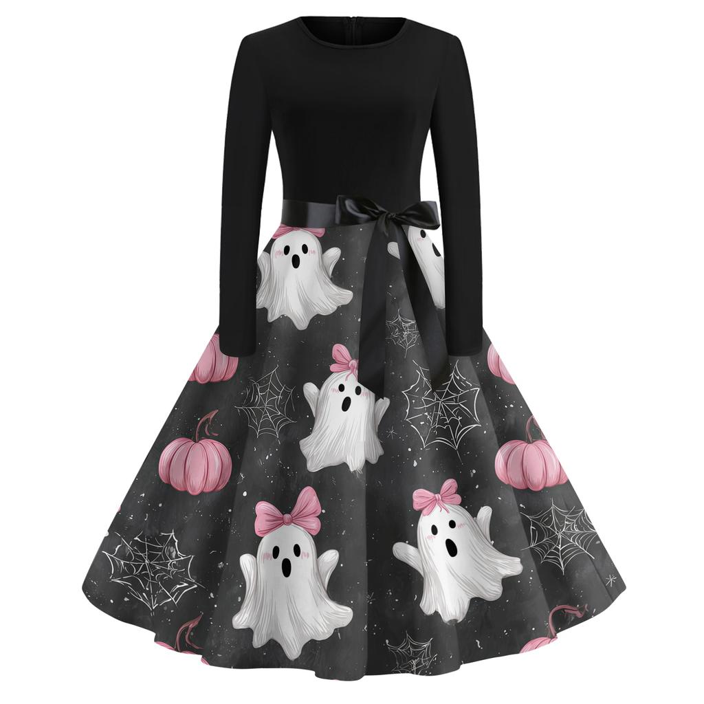 Women Casual Vintage Halloween Dress Long Sleeve Round Neck Fit and Flare Midi Dress with Halloween Tree and Ghost Print and Waist Tie