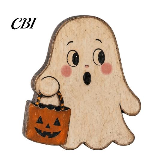 Indoor Halloween Fireplace Decor Haunted House/Cute Ghost Wooden Table Ornaments, Rustic Farmhouse Tiered Tray House Ornament Decor, Vintage Tabletop