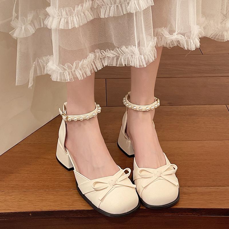 Fashion French Bow Block Heel Mary Jane Shoes Women's Summer New Square Toe Shallow Mouth Beaded High Heel Fashion Sandals