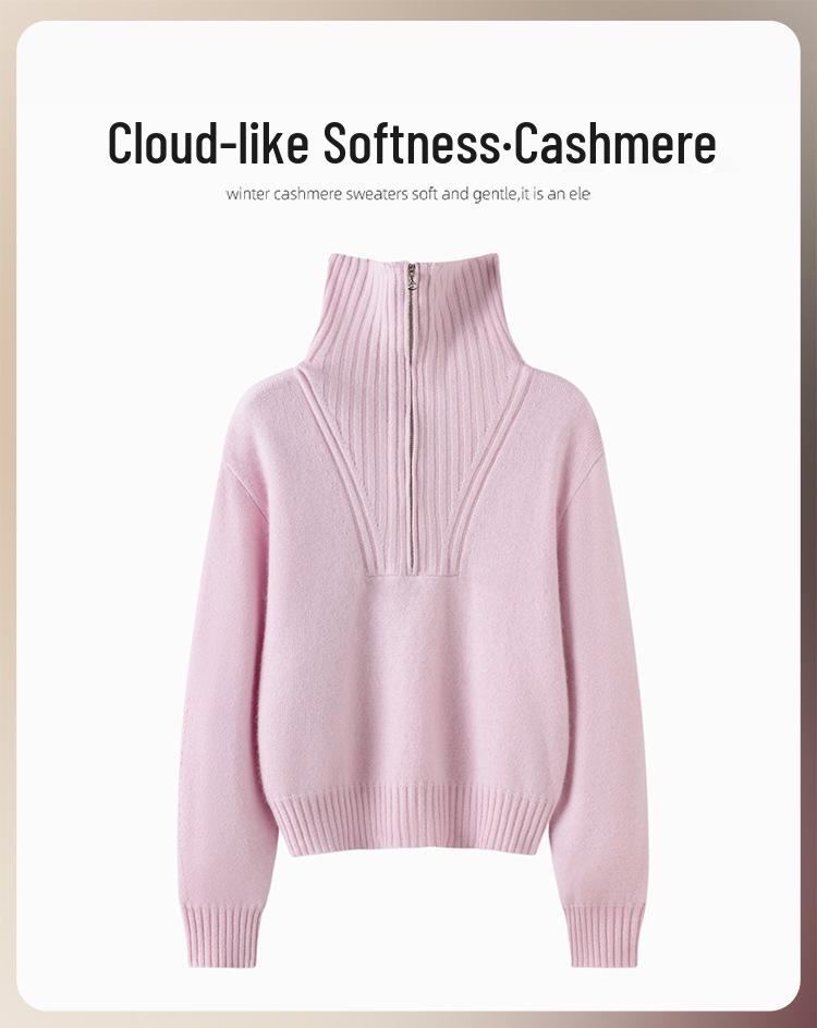 Women's Fashionable Cashmere Knit Sweater: Solid Color, Zip Collar, Loose Fit, Slimming, Comfy & Thick