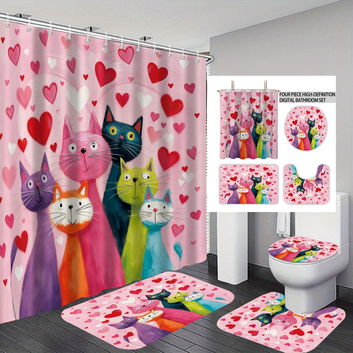 

4 Valentine s Day Romantic Love Cartoon Cat Print Bathroom Set 180x180 Waterproof Shower Curtain Floor Mat U-shaped Toilet Mat Regular