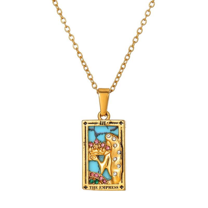 Stainless Steel Geometric Pendant Necklace With Zircon Inlay Tarot Card Charm O-Link Chain Women Men Hypoallergenic Layered