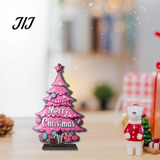 Double Sided Printed Decorations 2D Wooden Christmas Tabletop Ornaments, Xmas Tree Santa Lightweight Trees Snowman Sign with Stand, Holiday