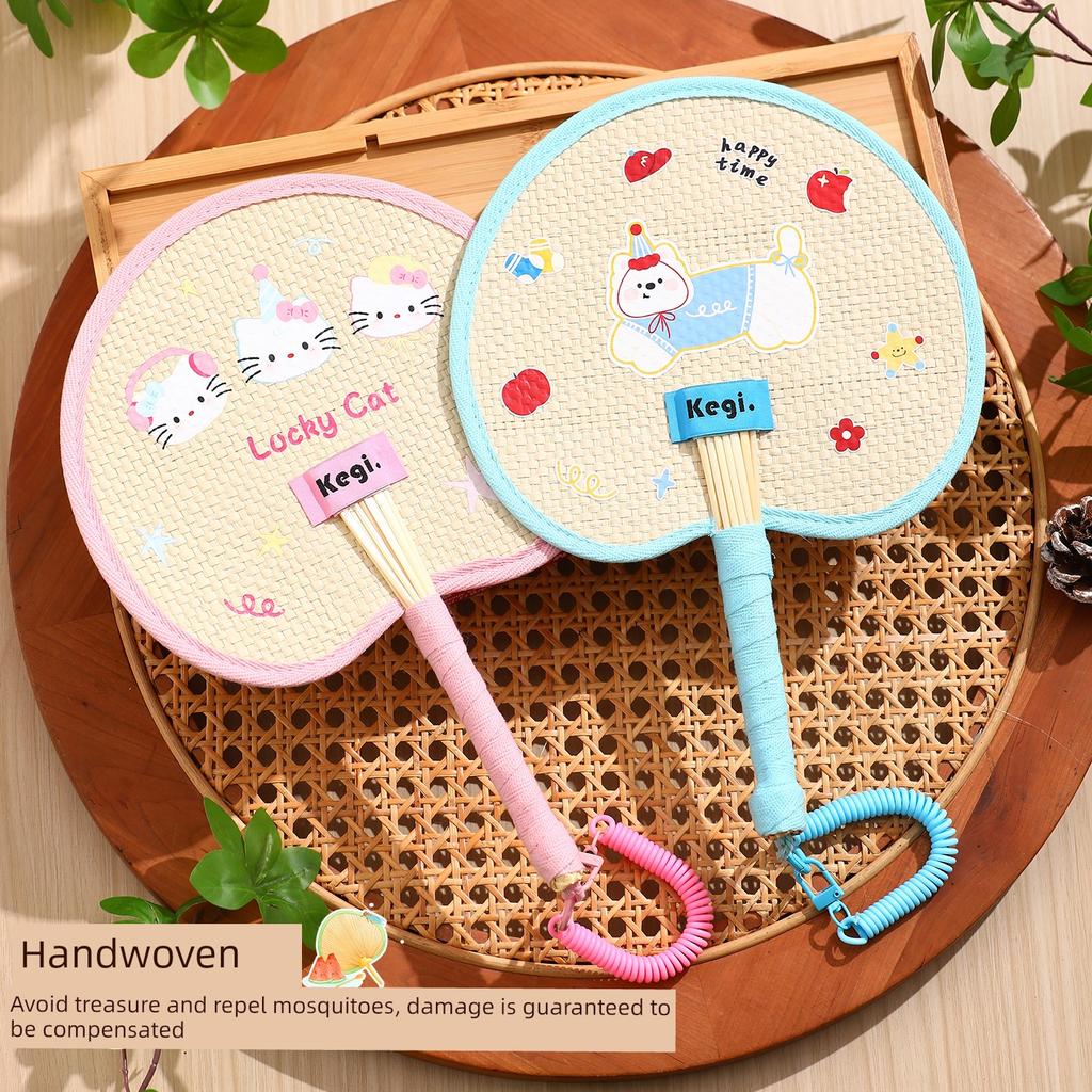 Summer Portable Handmade Woven Straw Fan with Embroidery, Household Mosquito-Repelling Banana Leaf Fan for Children, Durable