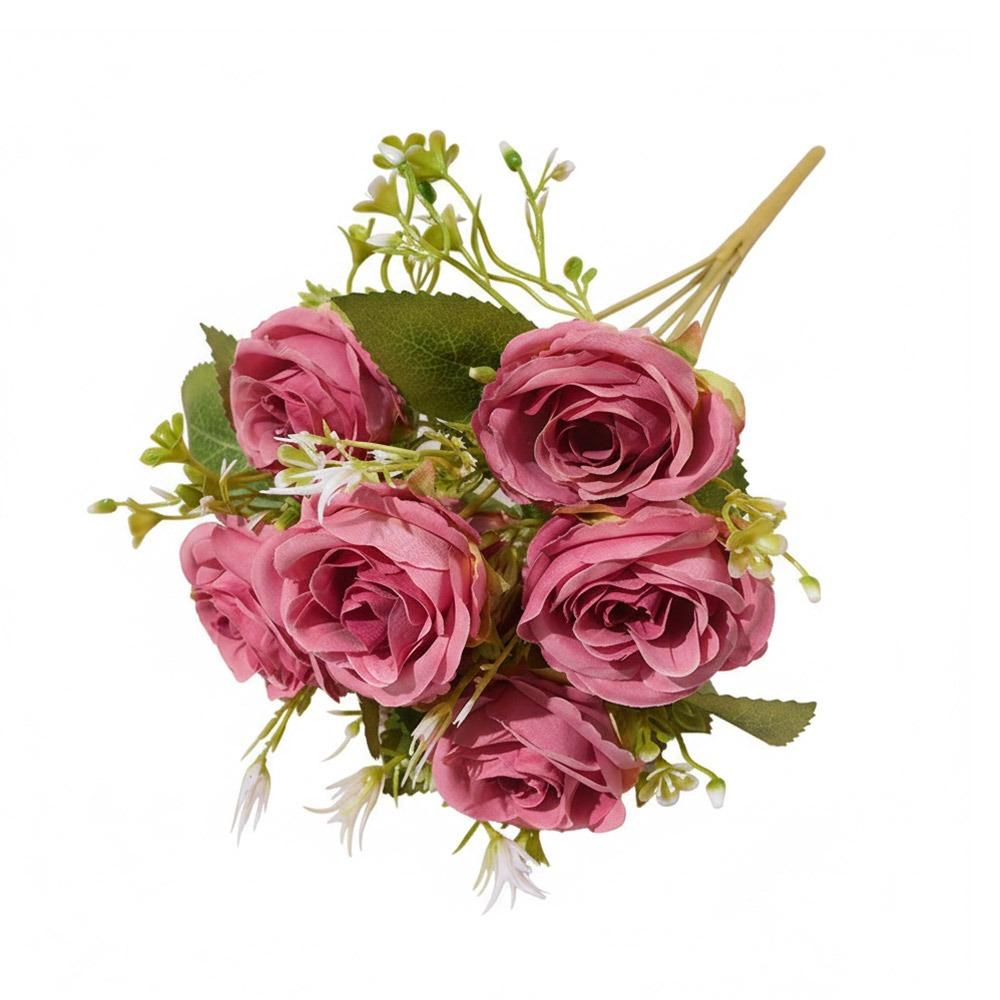 

7 Heads Rose Artificial Flowers Silk Petals Green Leaves Simulation Flower Rose Multicolor Scene Landscaping Faux Rose Flower темно-рожевого кольору